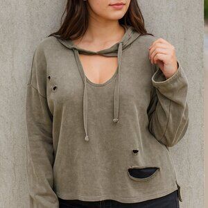 Mono B Distressed Olive Green Cutout Hoodie Sweatshirt XL